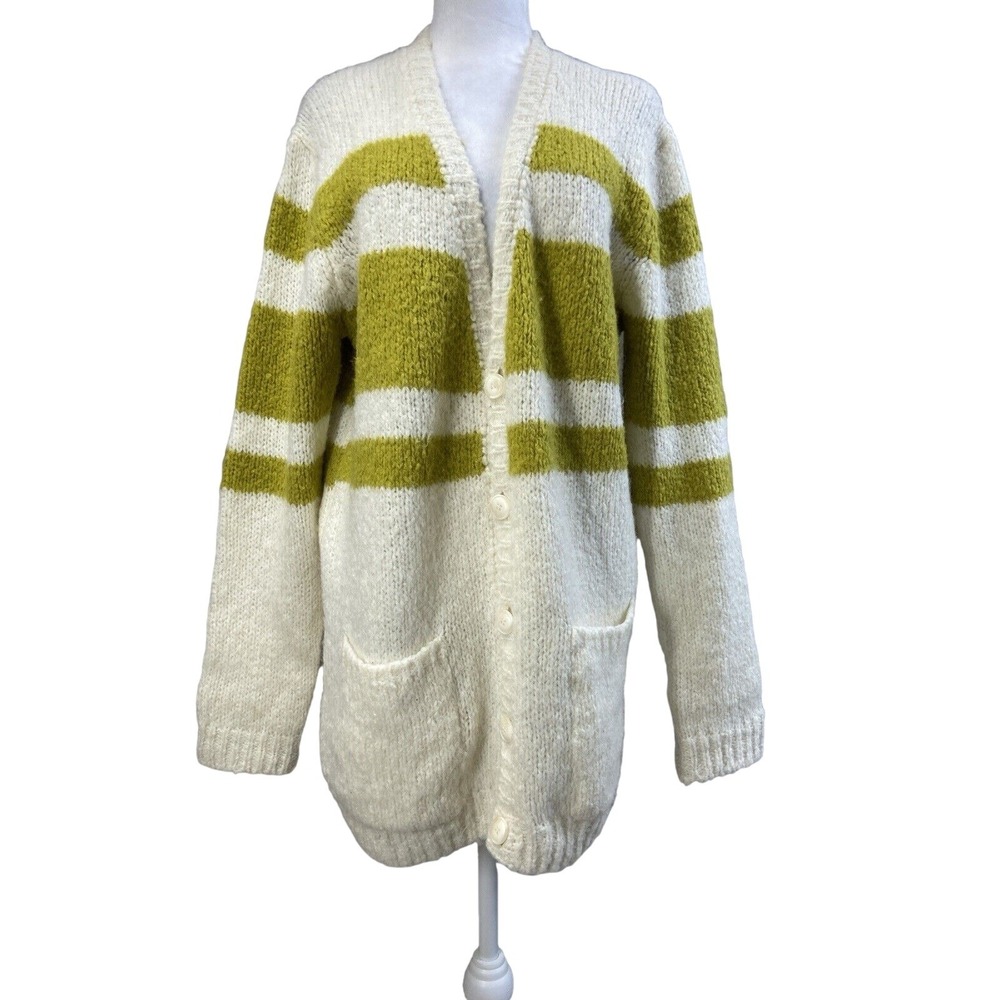 ASOS Cardigan Mens Medium White Mohair Wool Striped V Neck Pockets Italy Knit